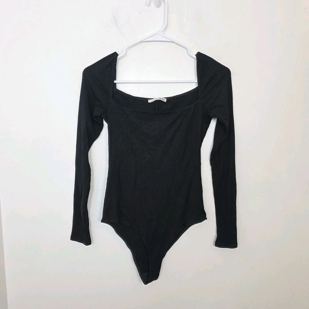 Reformation Black Ribbed Fitted Classic Square Neck Long Sleeve Bodysuit Size M